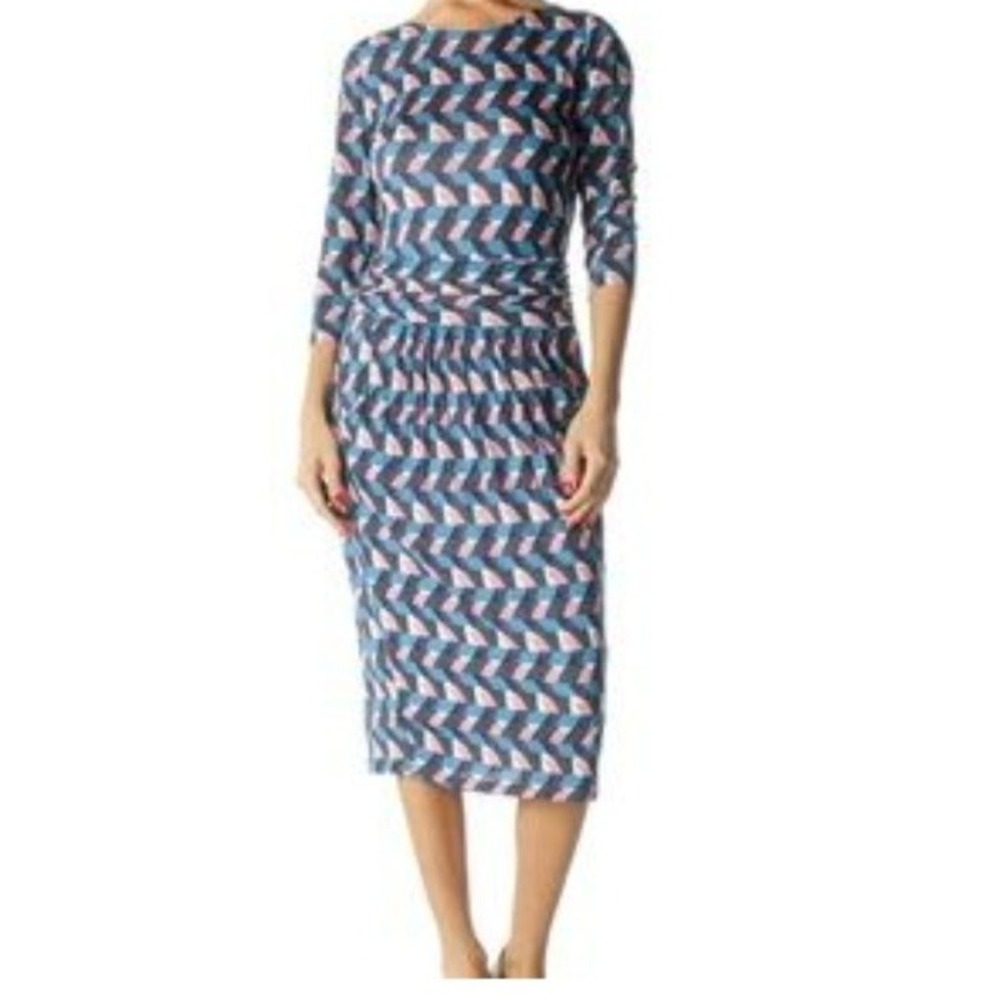 Boden Blue Pink White 3/4 Sleeve Geometric Print Day Dress Size 10 Daisy Ottoman